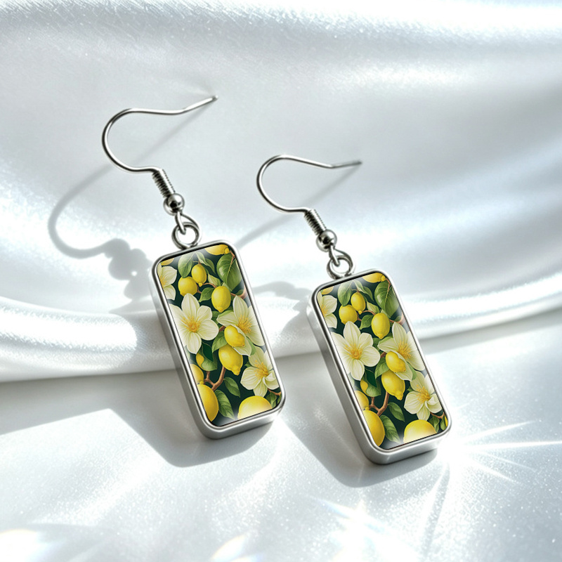 Handmade Lemon Blossom Floral Glass Cabochon Earrings, Unisex